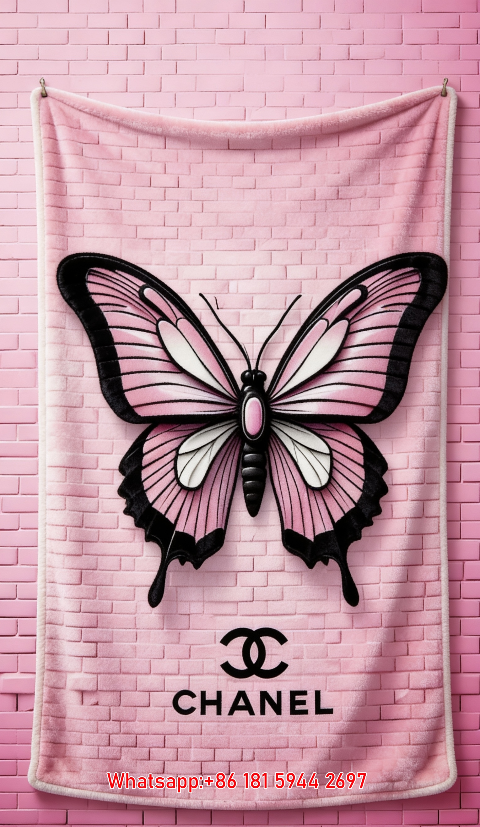 Pink Brick Wall Chanel Butterfly Flannel Fleece Throw Blanket IMG_7230